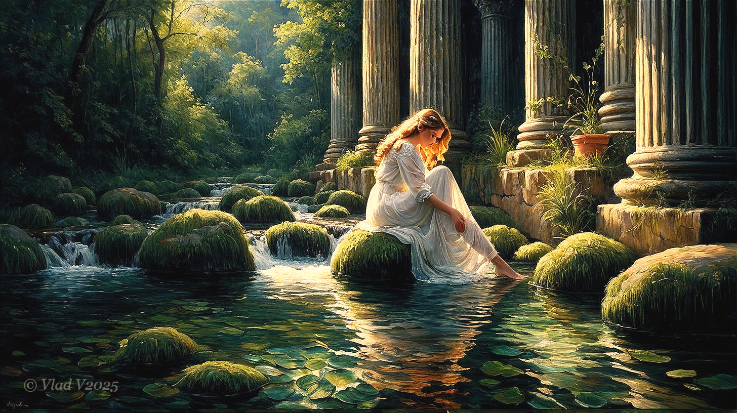Serene Forest Scene with Woman in White Dress
