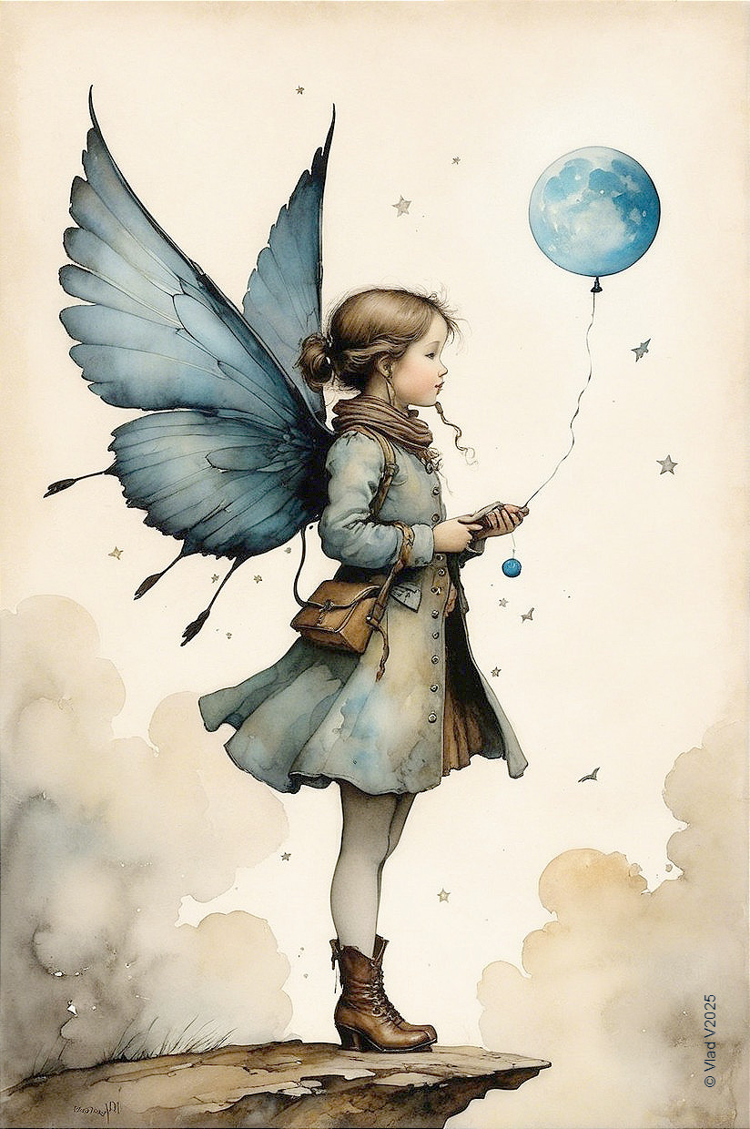 Whimsical Illustration of a Girl with Butterfly Wings