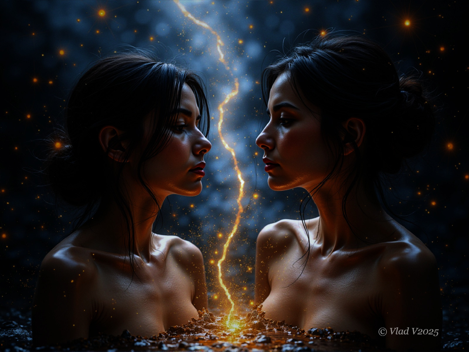 Women in Profile with Lightning Connection and Sparkles