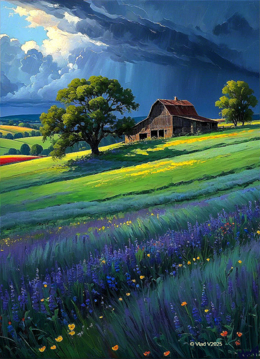 Rustic Barn in Scenic Landscape with Stormy Sky