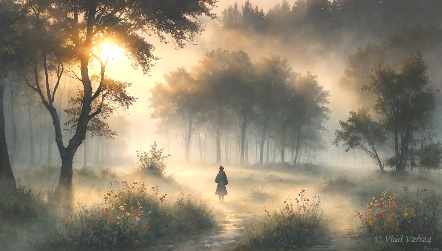 Morning Misty Landscape with Solitary Figure Walking