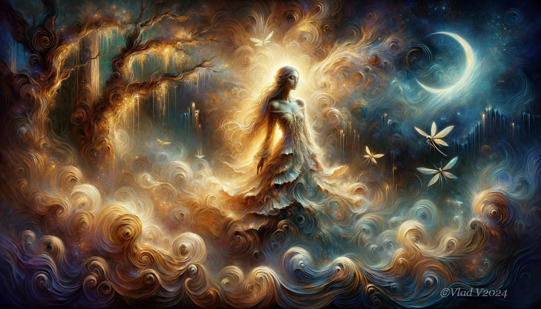 Mystical Woman in Ethereal Light and Swirling Clouds