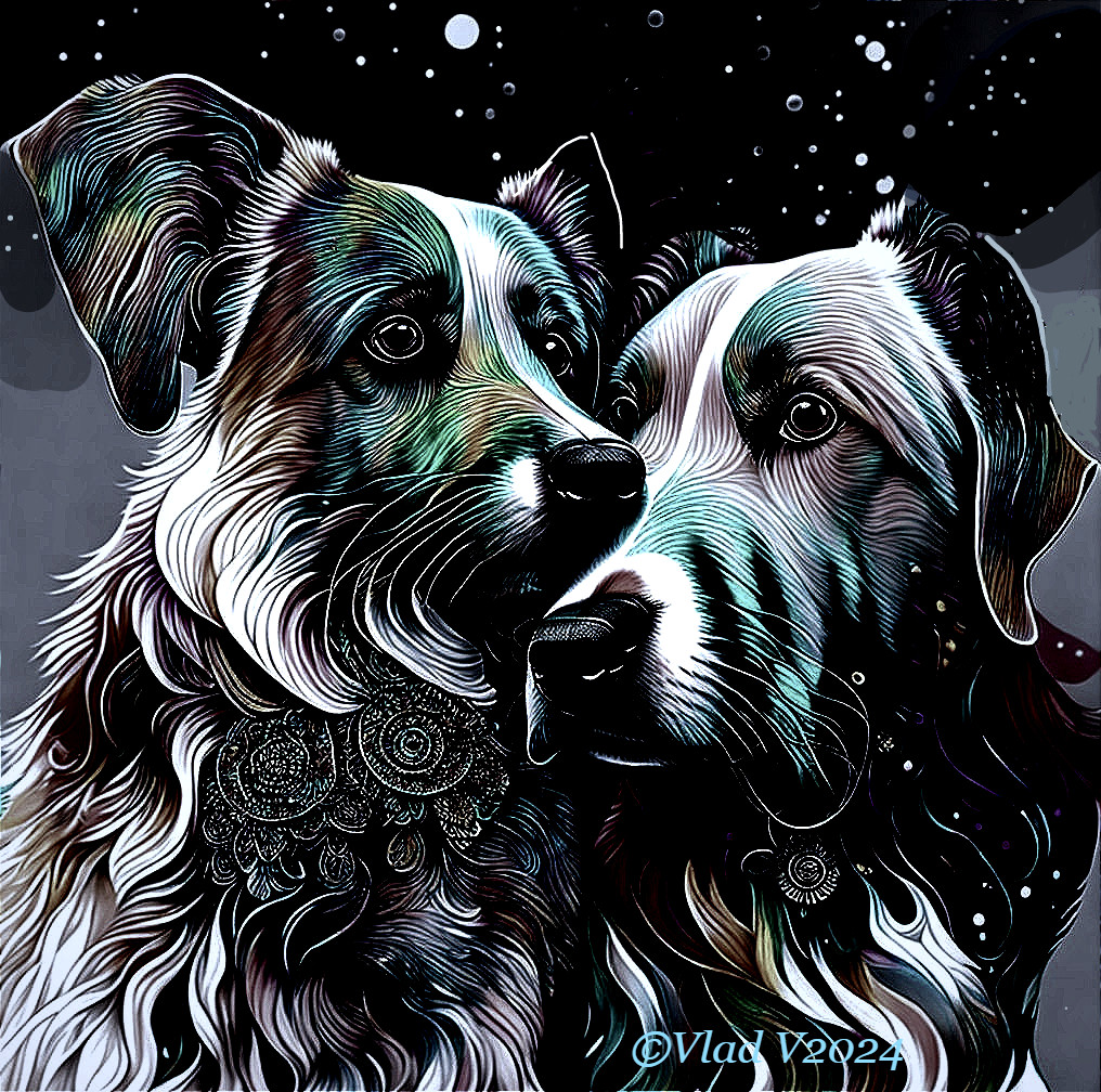 Detailed Portraits of Dogs on Starry Background