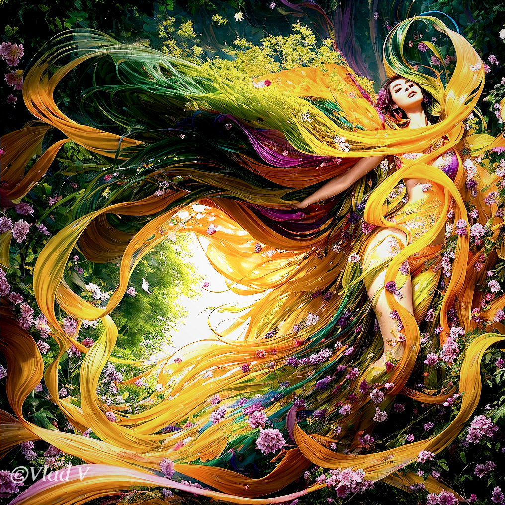 Vibrant Garden Scene with Colorful Hair and Flowers