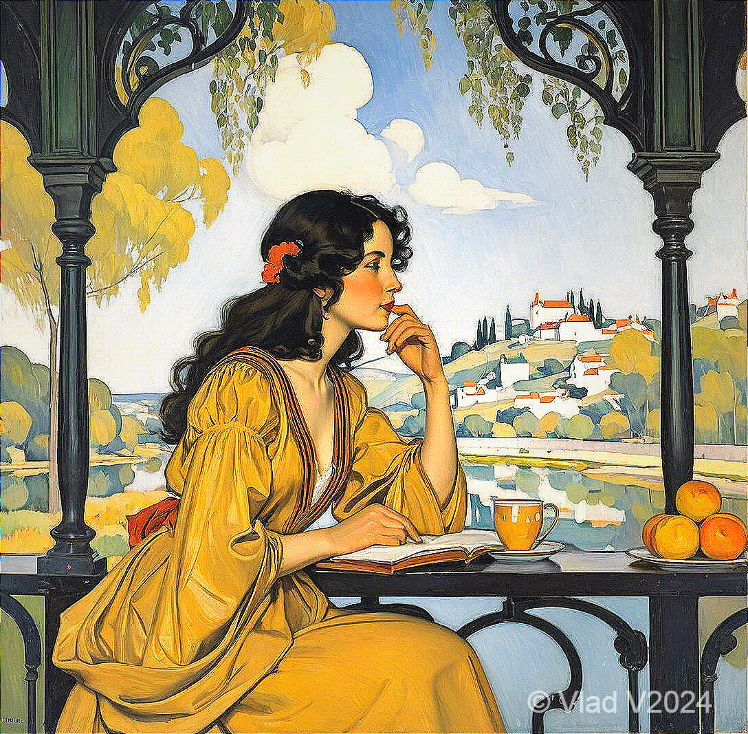 Serene Woman in Yellow Dress Reading on Balcony