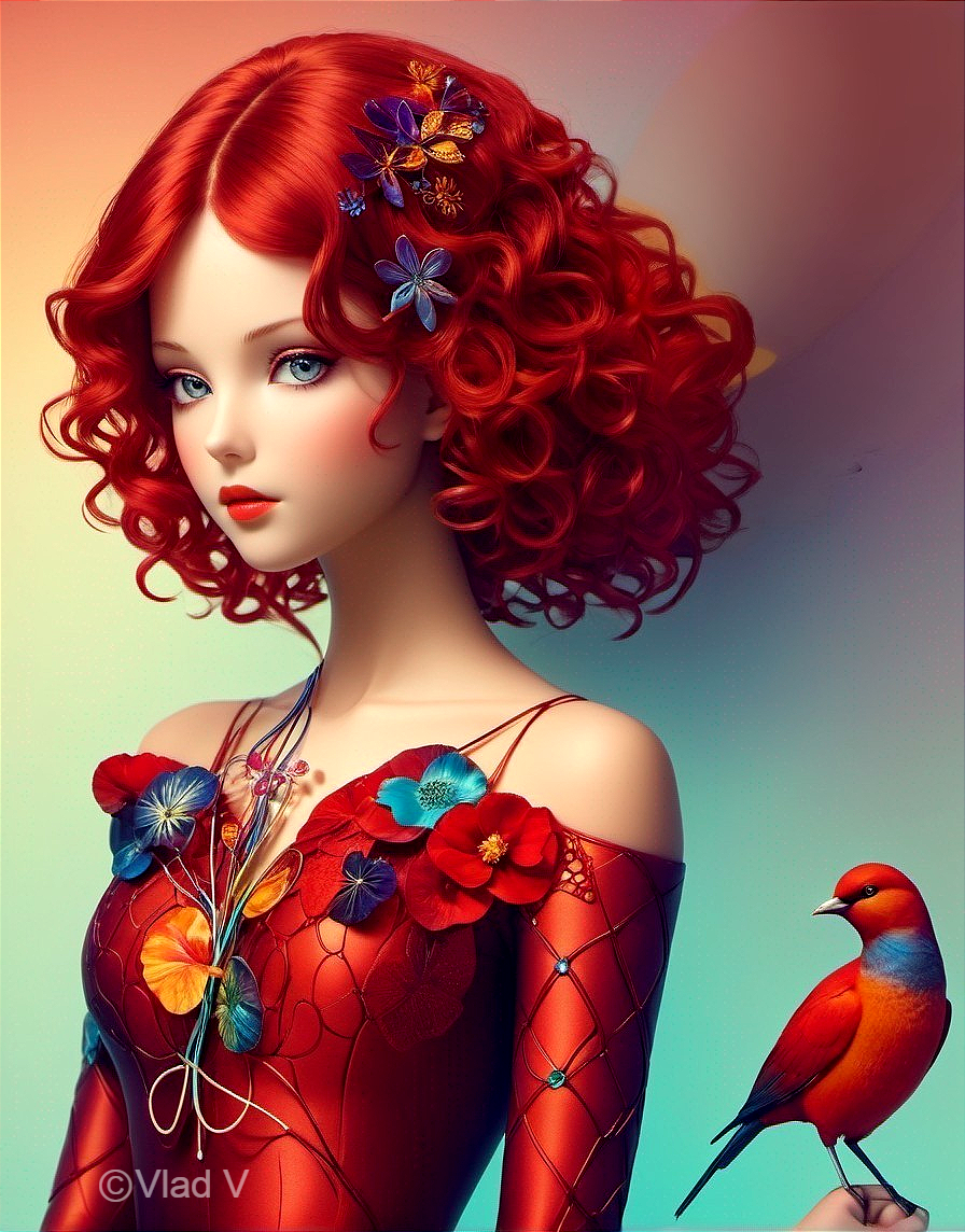 Digital Artwork of a Red-Haired Woman with Flowers
