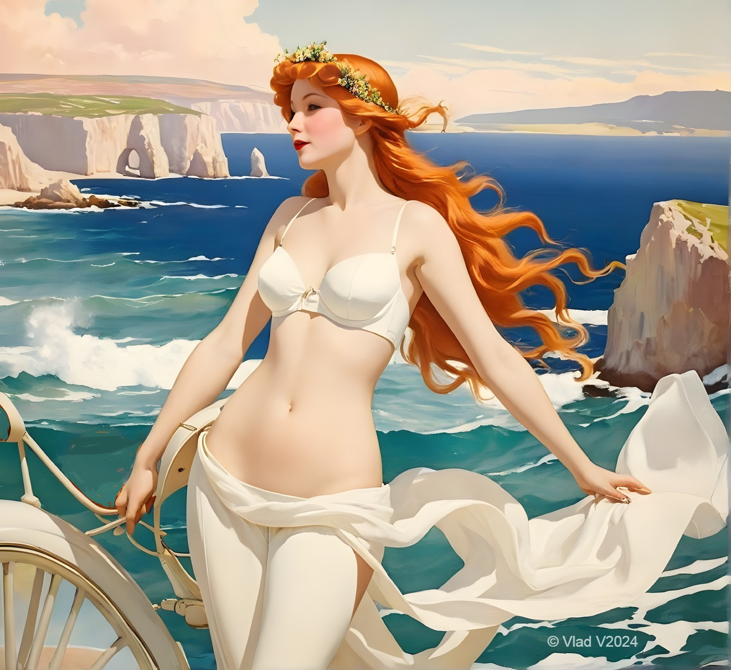 Woman with Red Hair by Ocean Cliffs in White Attire