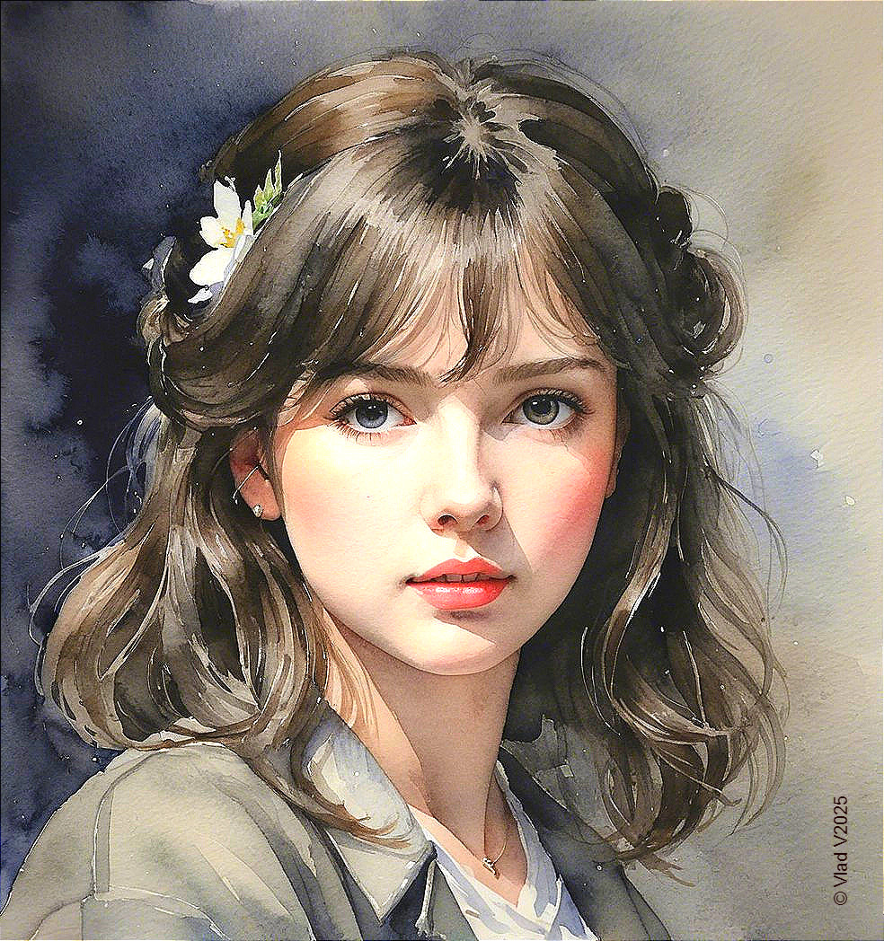 Watercolor Portrait of a Young Woman with Soft Features