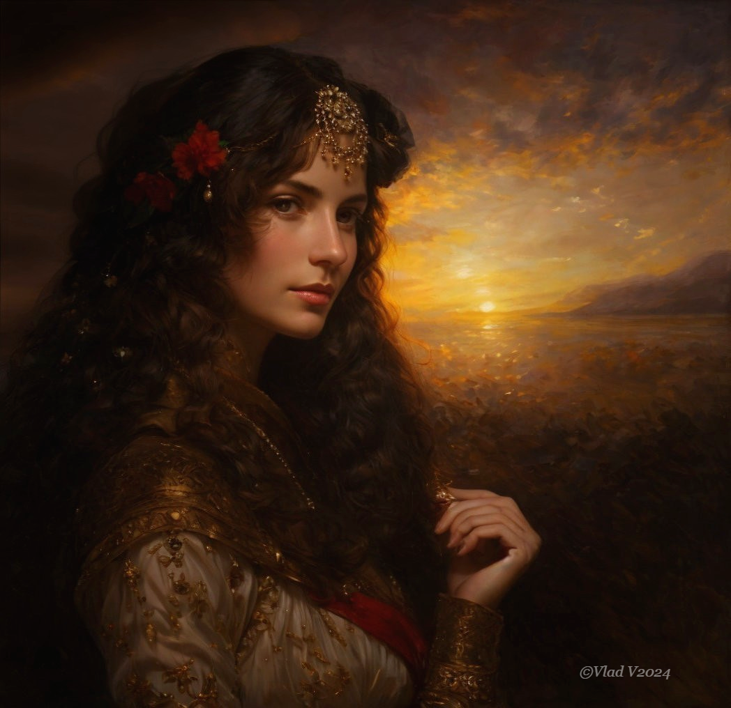 Young woman with curly hair and sunset backdrop