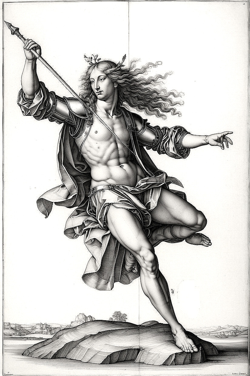 Muscular Male Figure on Rocky Outcrop with Spear