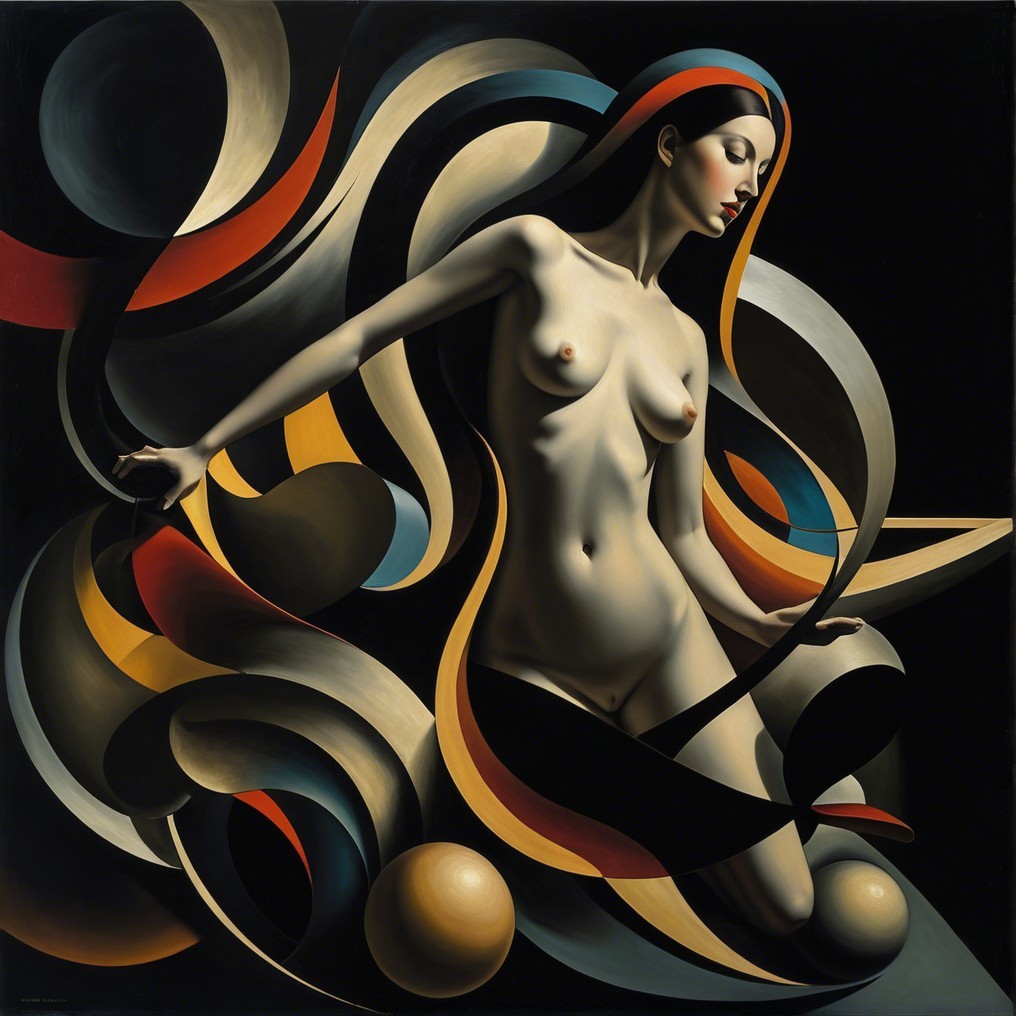Nude Figure Intertwined with Vibrant Abstract Forms