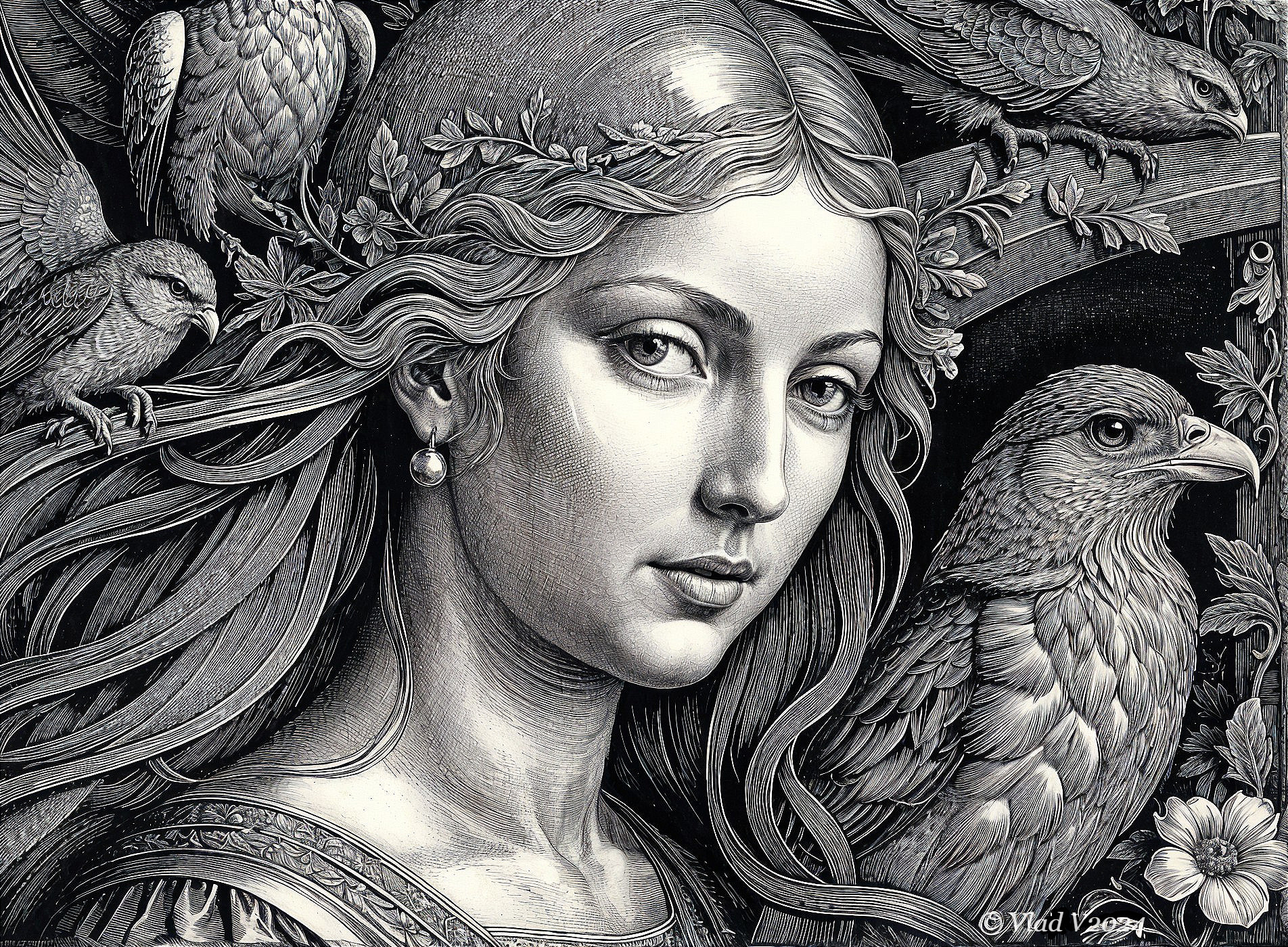 Detailed Portrait of Young Woman with Nature Elements