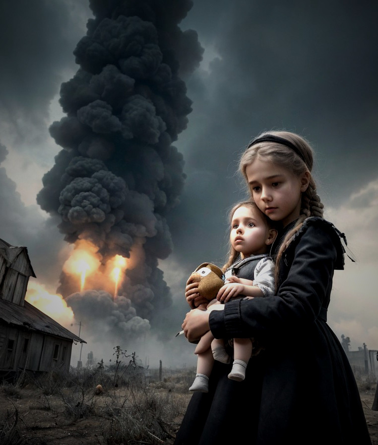 Two Young Girls Standing Before Massive Fire and Smoke Plume