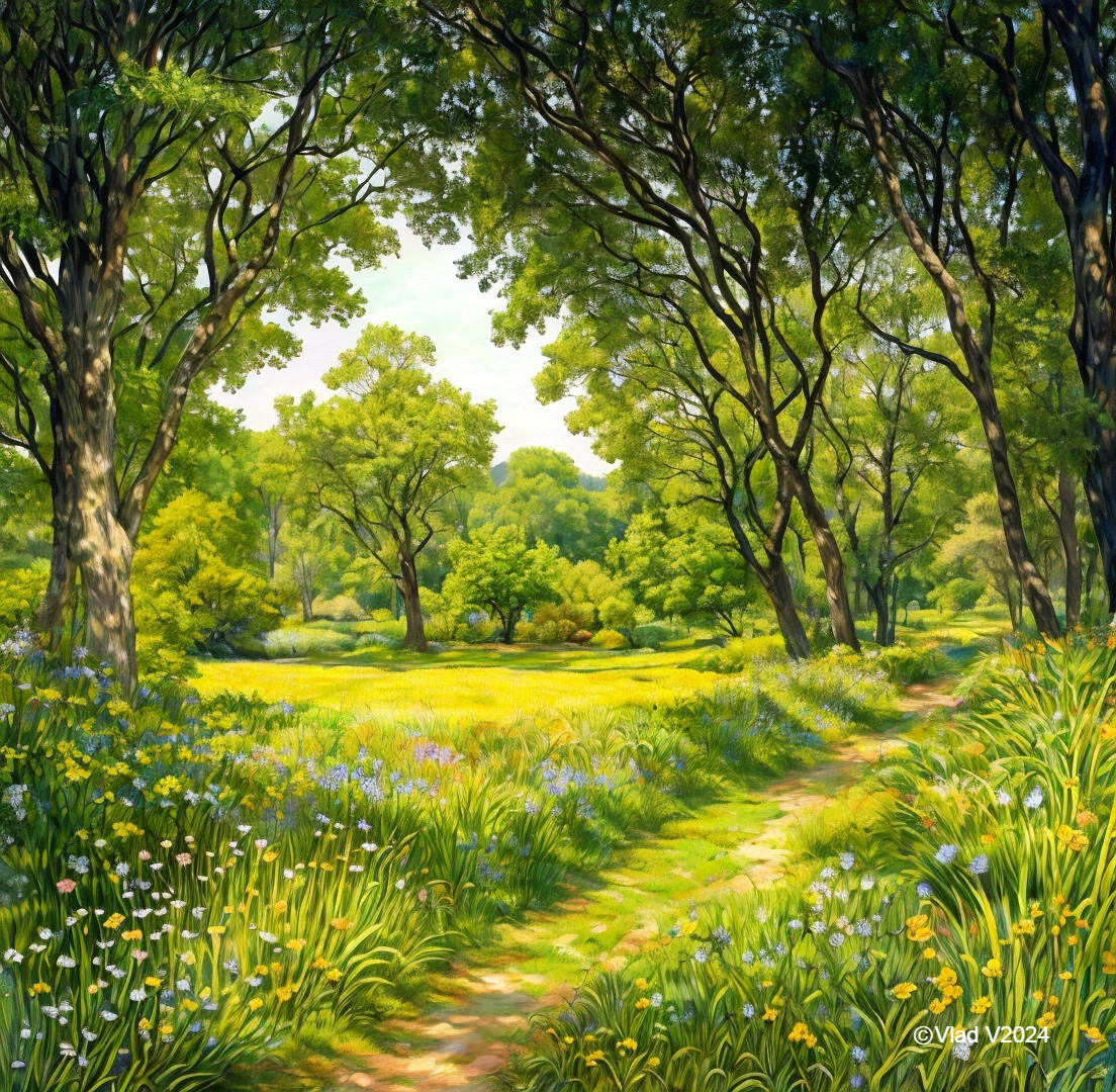 Serene Forest Path Through Vibrant Sunlit Clearing