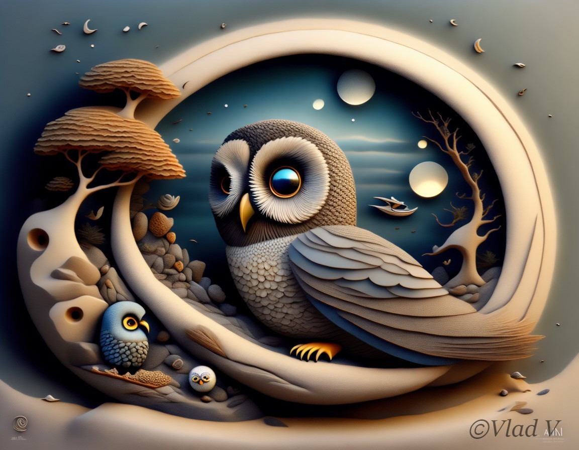 Whimsical Owl Family in a Surreal Twilight Scene