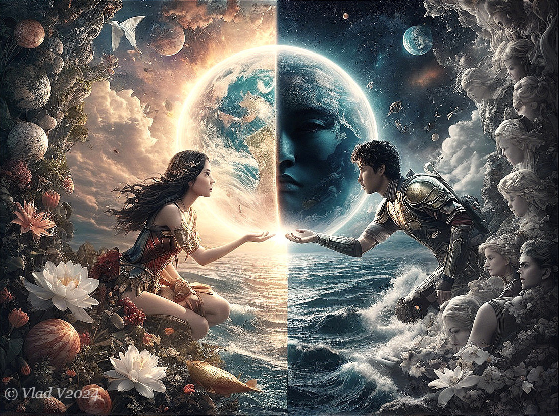 Split Scene of Mystical Female and Heroic Male Figures
