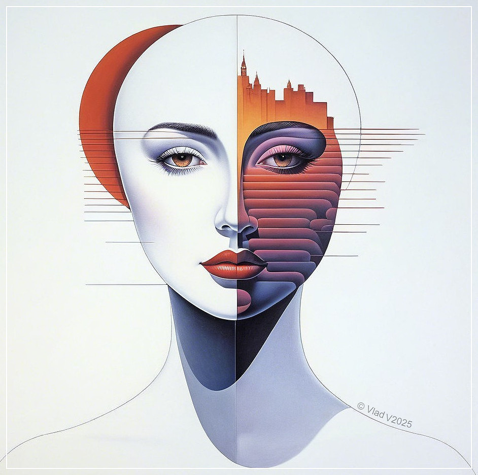 Stylized Female Face with City Skyline Contrast