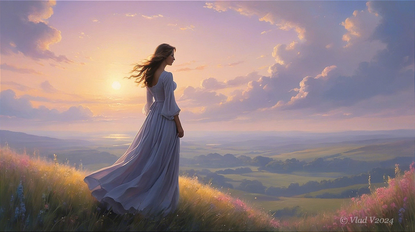 Serene Sunset Landscape with Woman in White Dress