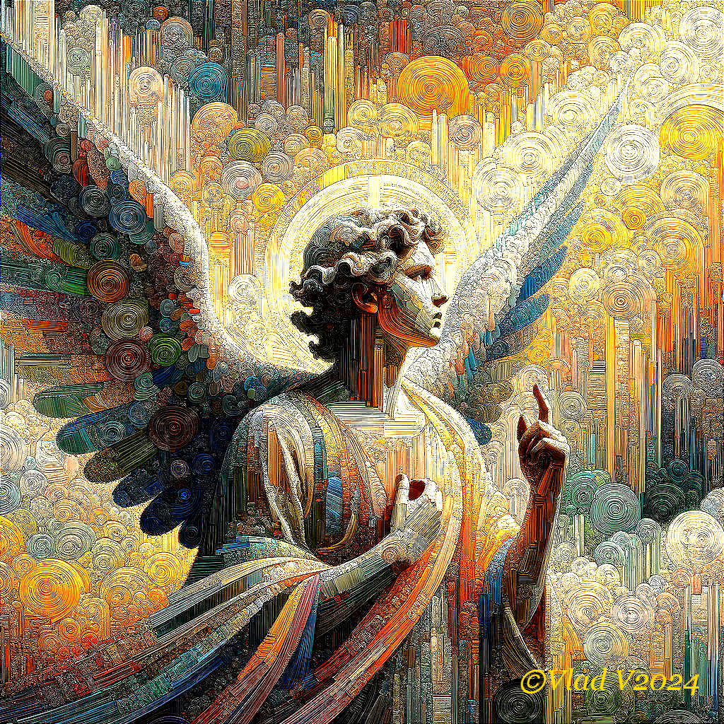 Majestic angel with vibrant wings in colorful clouds