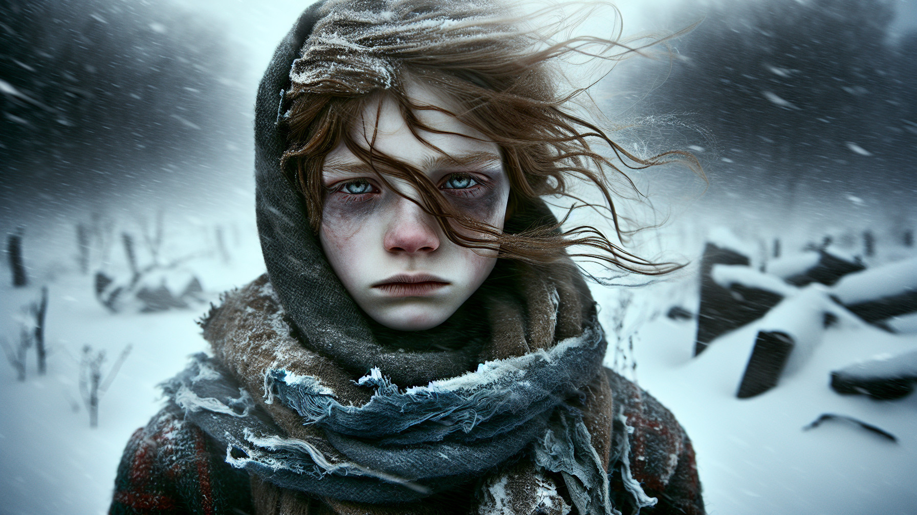 Child in snowy landscape with tattered clothing and scarf