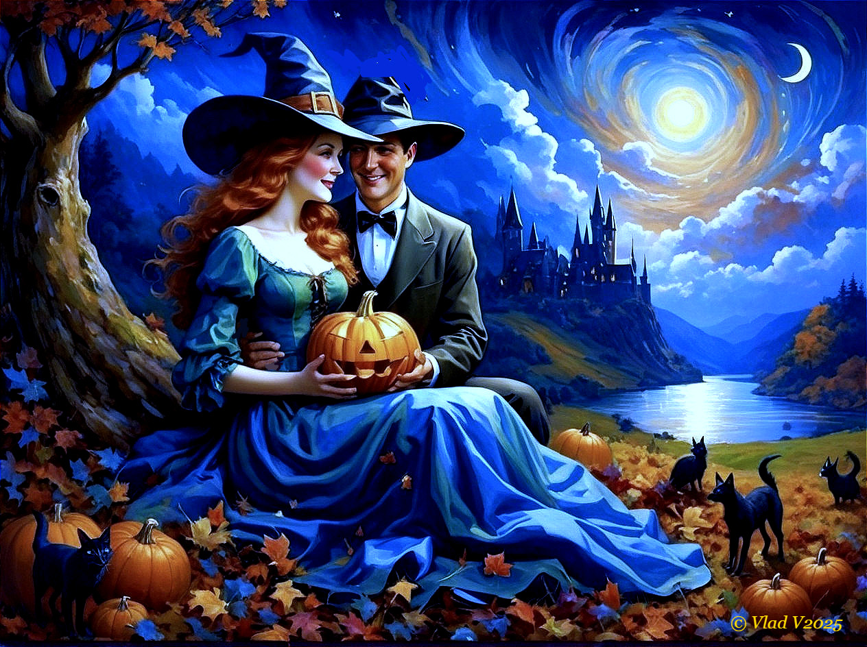Couple in Vintage Attire Among Autumn Leaves and Pumpkins