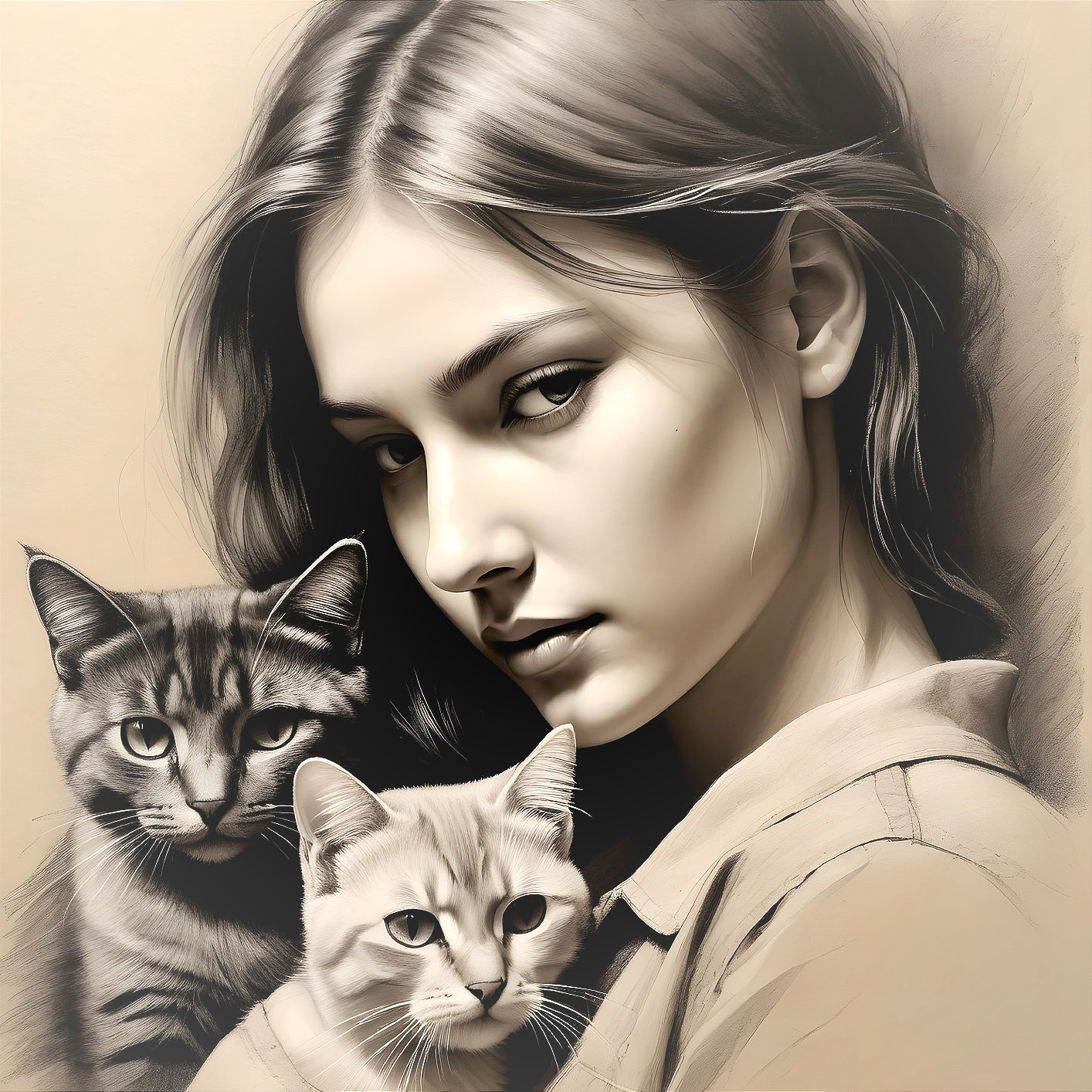 Realistic Digital Portrait of Girl with Two Cats in Sepia Tones