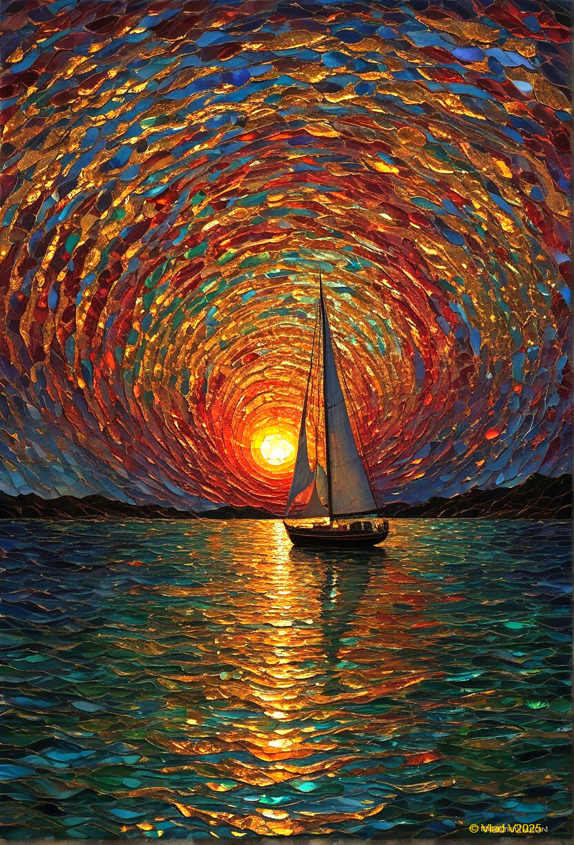 Vibrant Sunset with Sailboat Over Shimmering Water