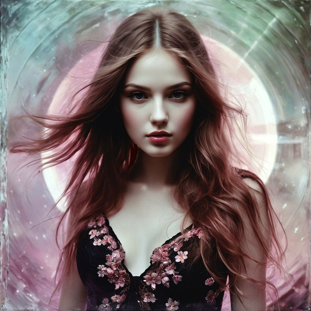 Young woman in delicate dress against ethereal background