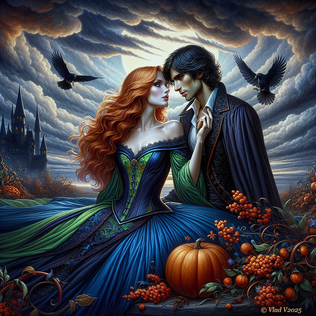 Couple in Mystical Landscape with Dark Clouds and Crows