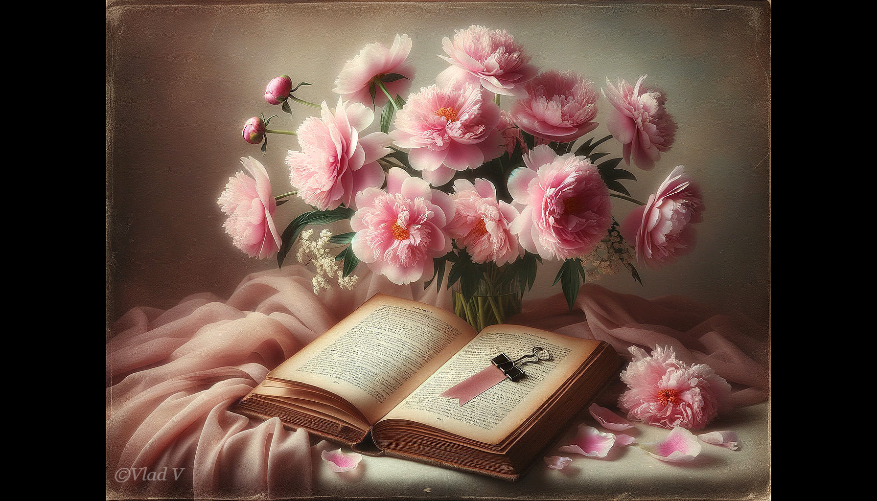 Still Life of Vintage Book and Pink Peonies