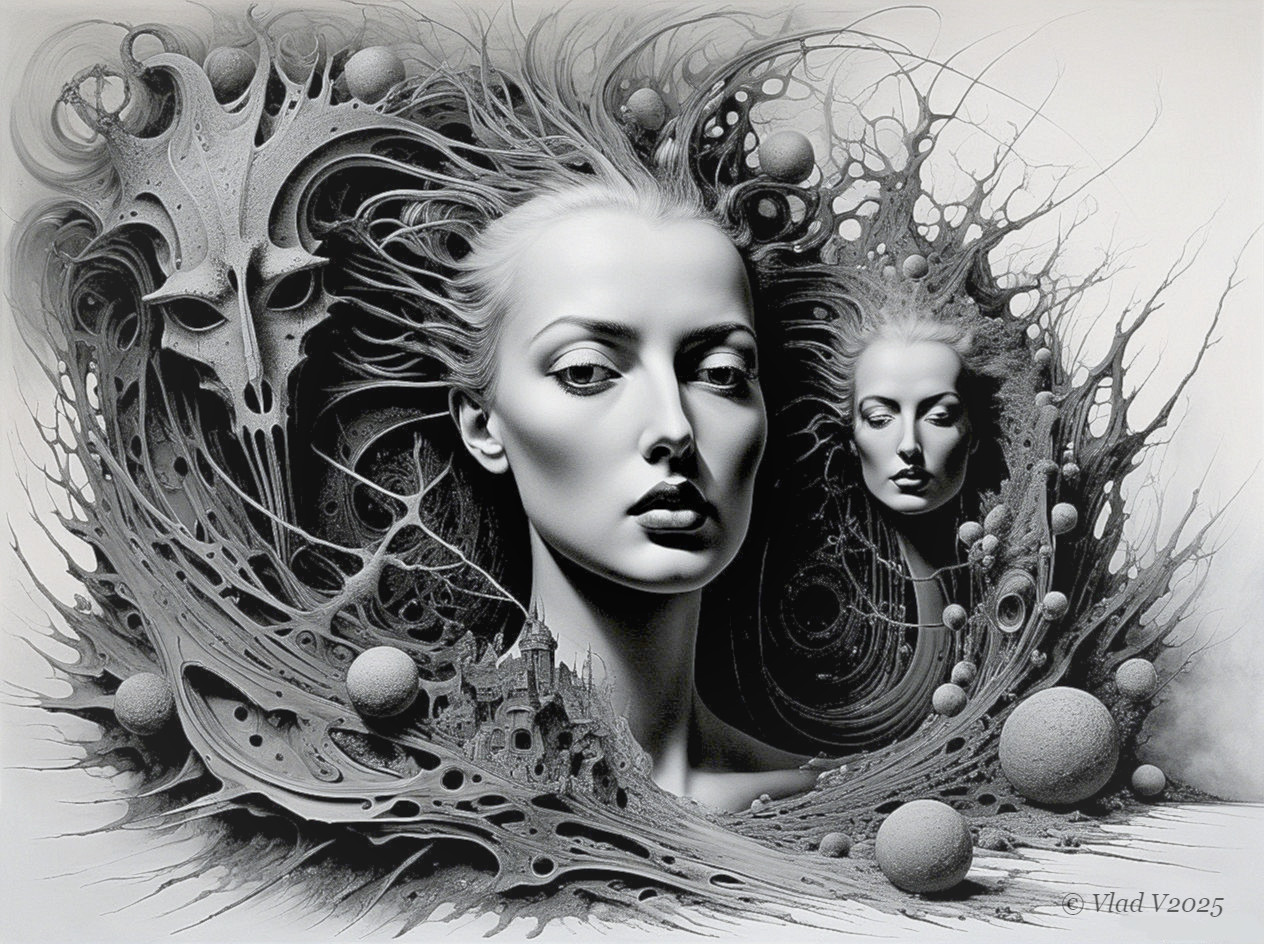 Black and white surreal art featuring a serene woman
