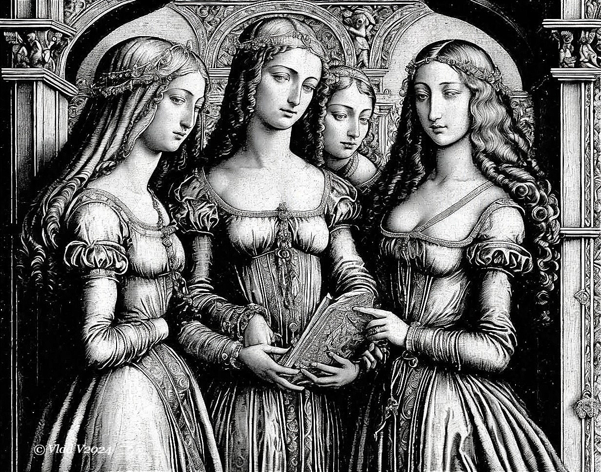 Elegant Women in Renaissance Dresses with Book