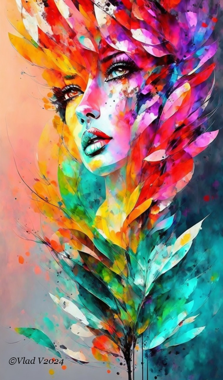 Vibrant Artistic Portrayal of a Woman's Face and Leaves