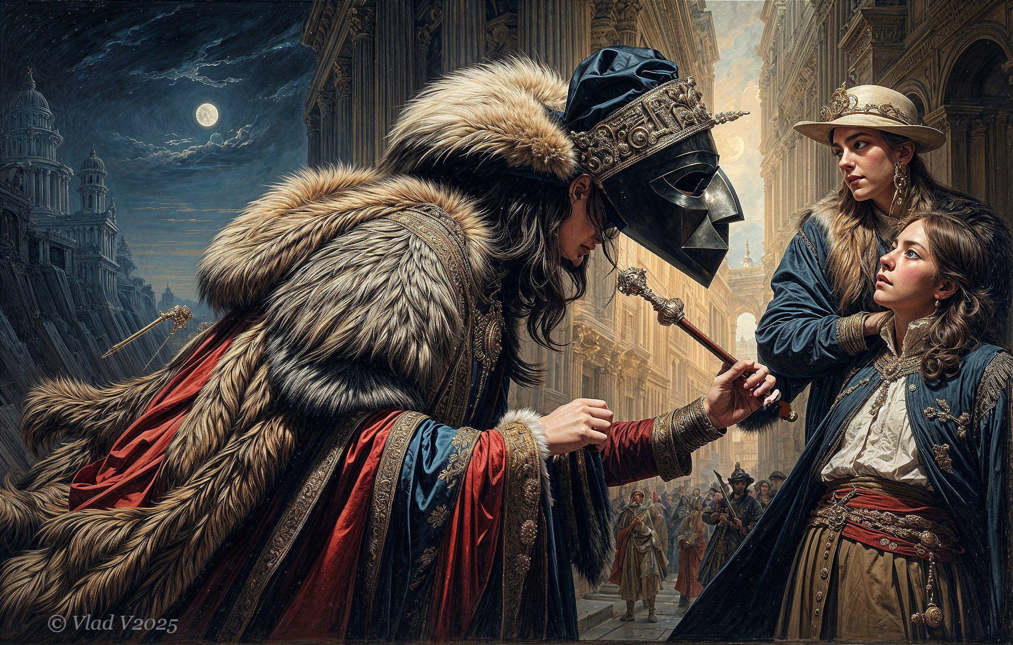 Regal Figure Engaged in Conversation in Moonlit Setting