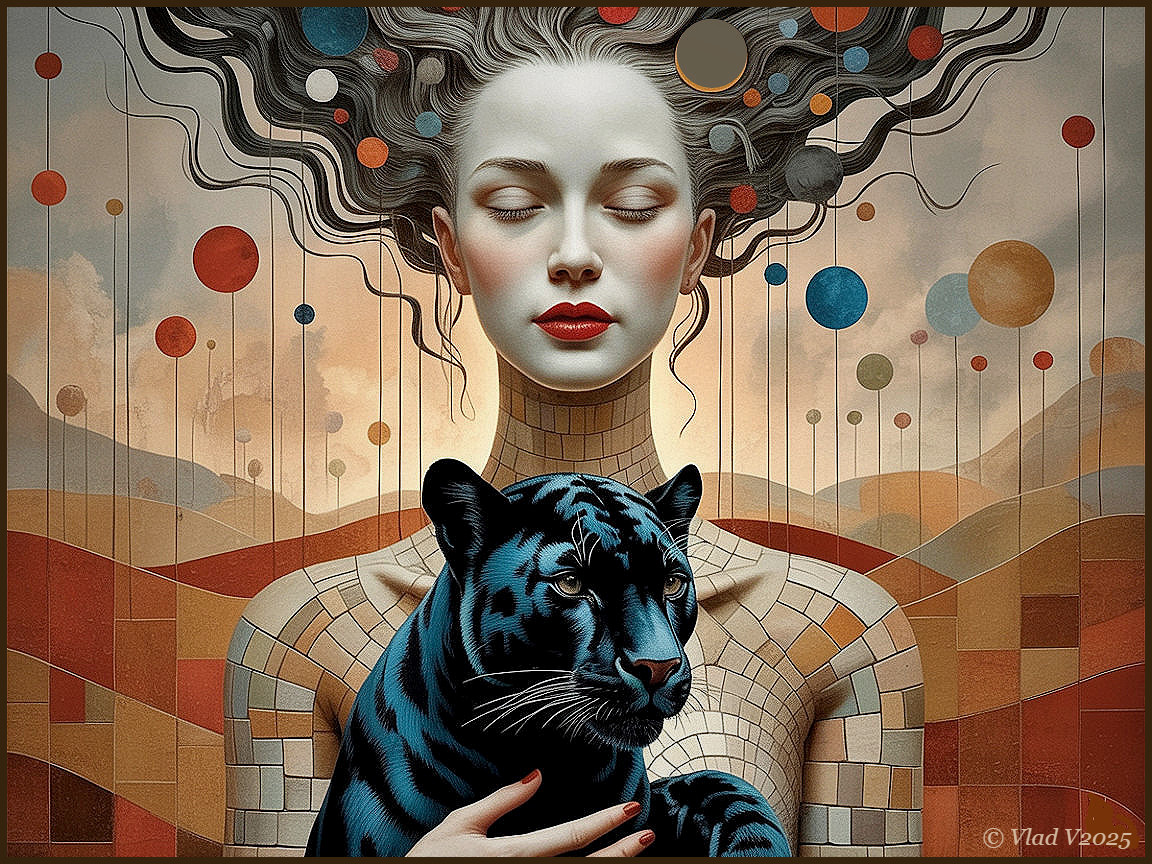 Surreal Portrait of Woman with Black Panther and Orbs