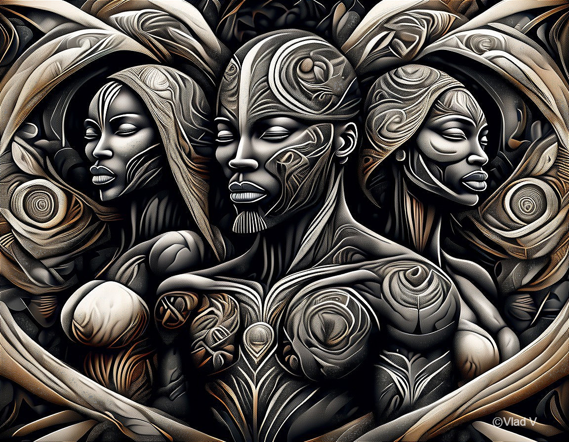 Intricately Carved Figures with Detailed Body Art