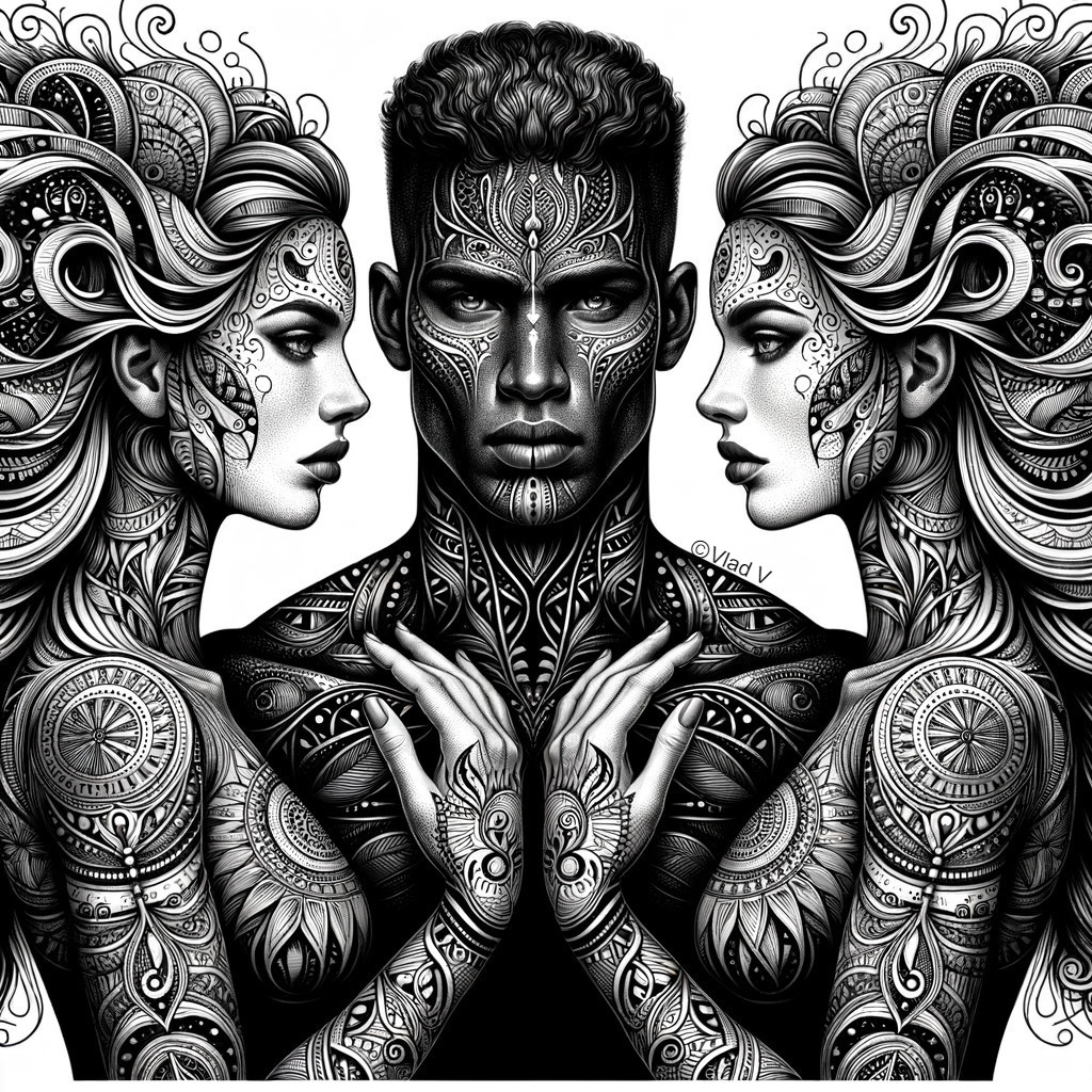 Black-and-white illustration of intertwined figures with tattoos