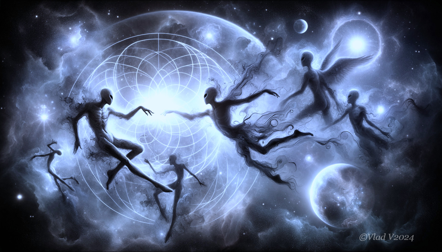 Cosmic Scene with Humanoid Figures and Energy Swirls