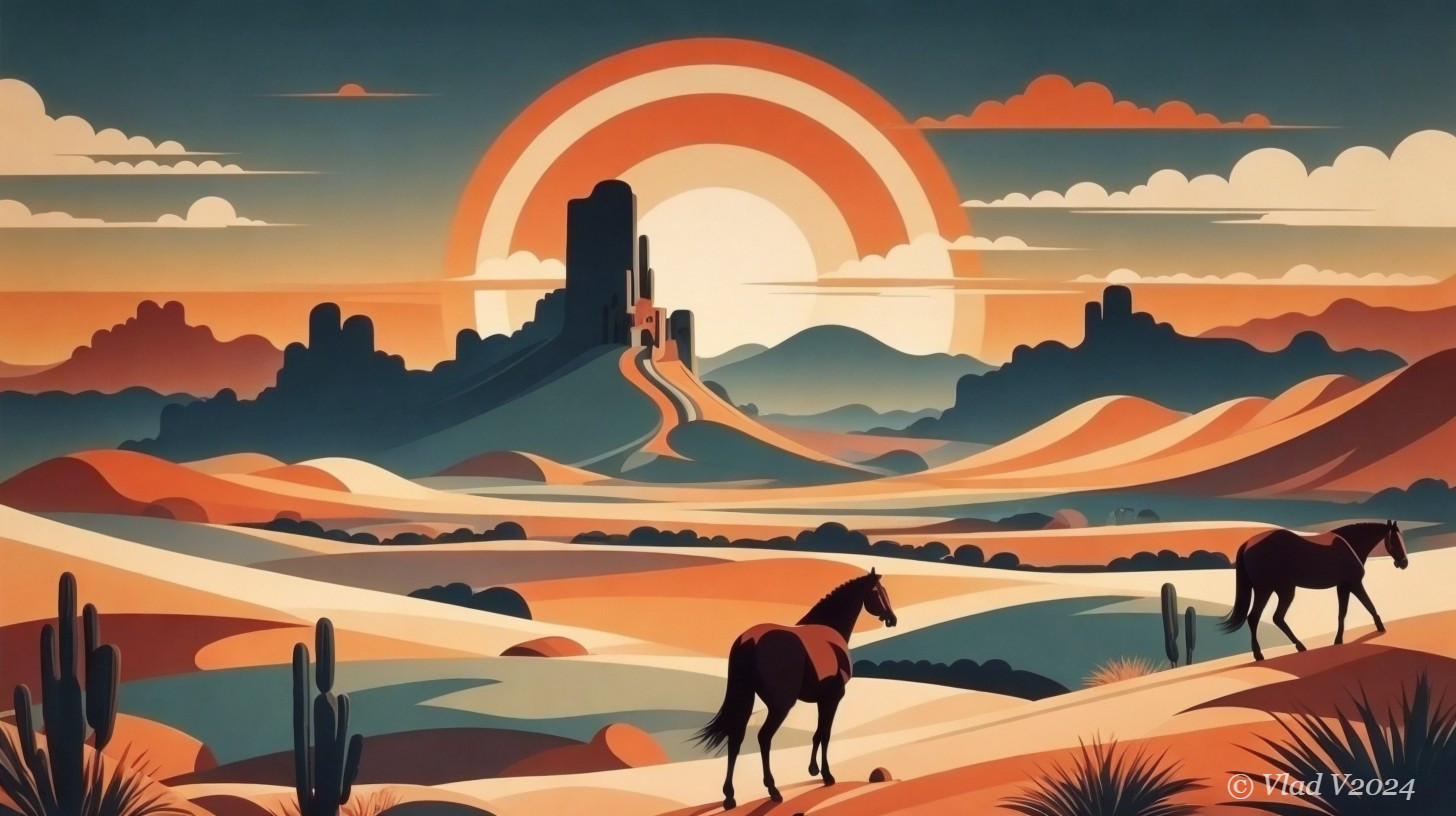 Sunset Oasis: Horses and Cacti