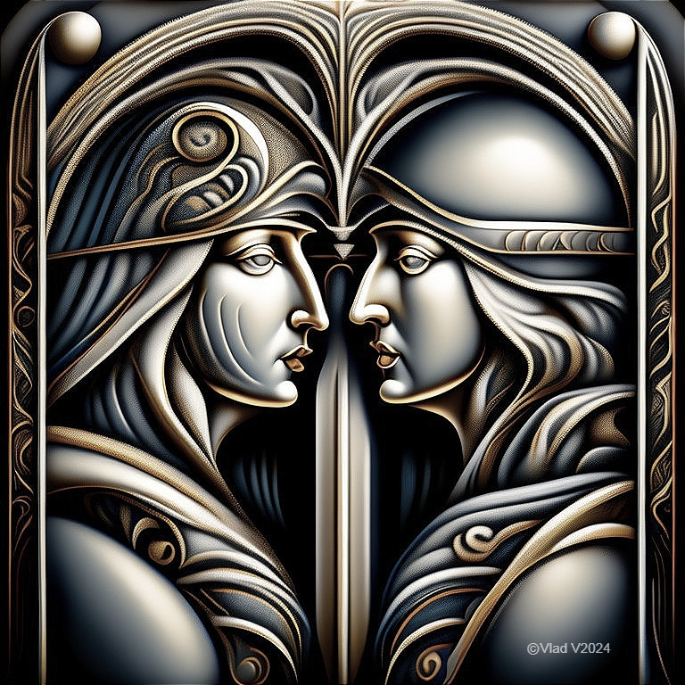 Symmetrical Design of Armored Figures Facing Each Other
