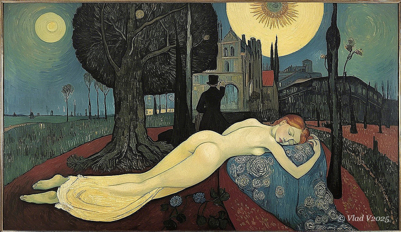 Serene Night Scene with Reclining Nude Woman
