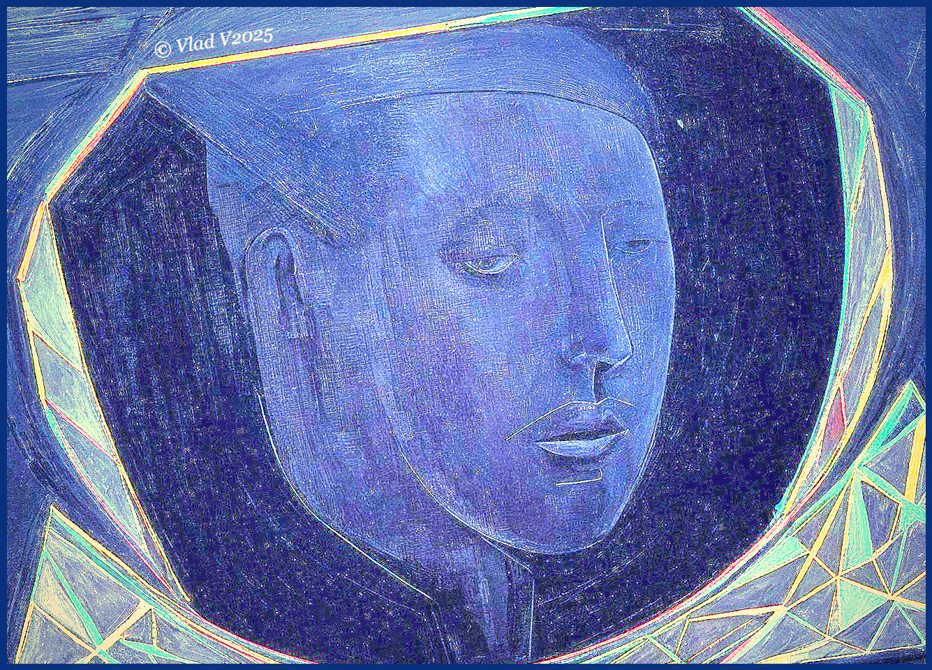 Blue-toned abstract face in geometric frame artwork