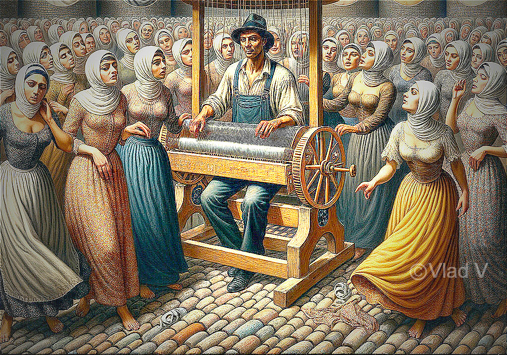 Spinning Wheel Operation with Traditional Attire Crowd