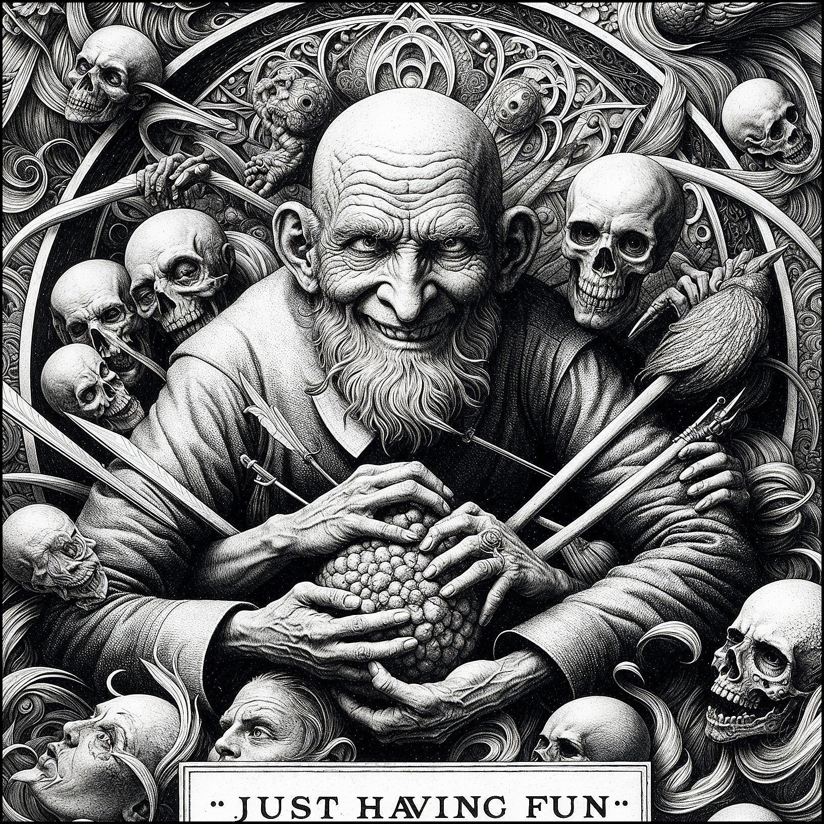 Whimsical Scene of Elderly Man with Skulls and Orbs