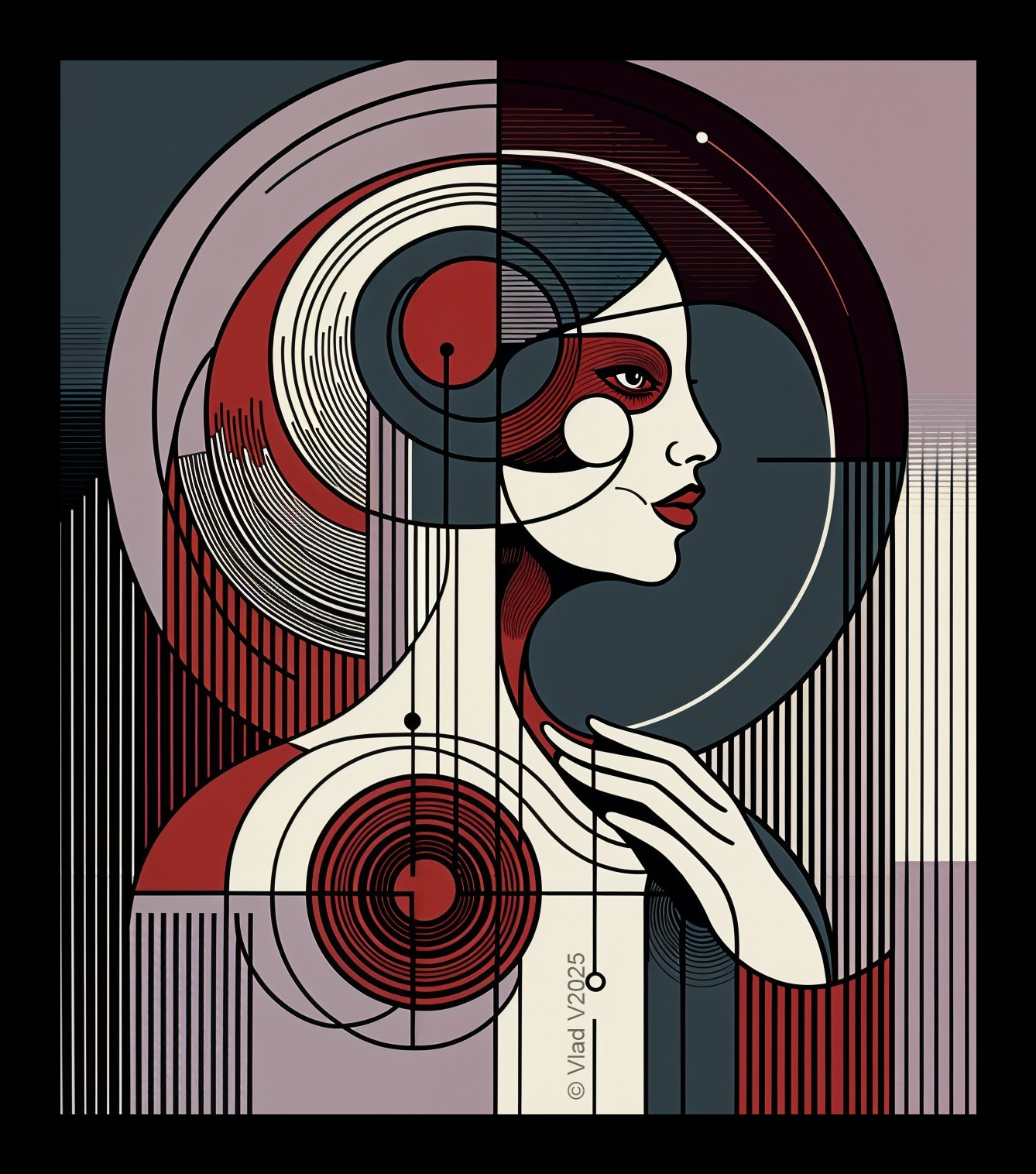 Stylized Female Figure with Geometric Shapes and Colors