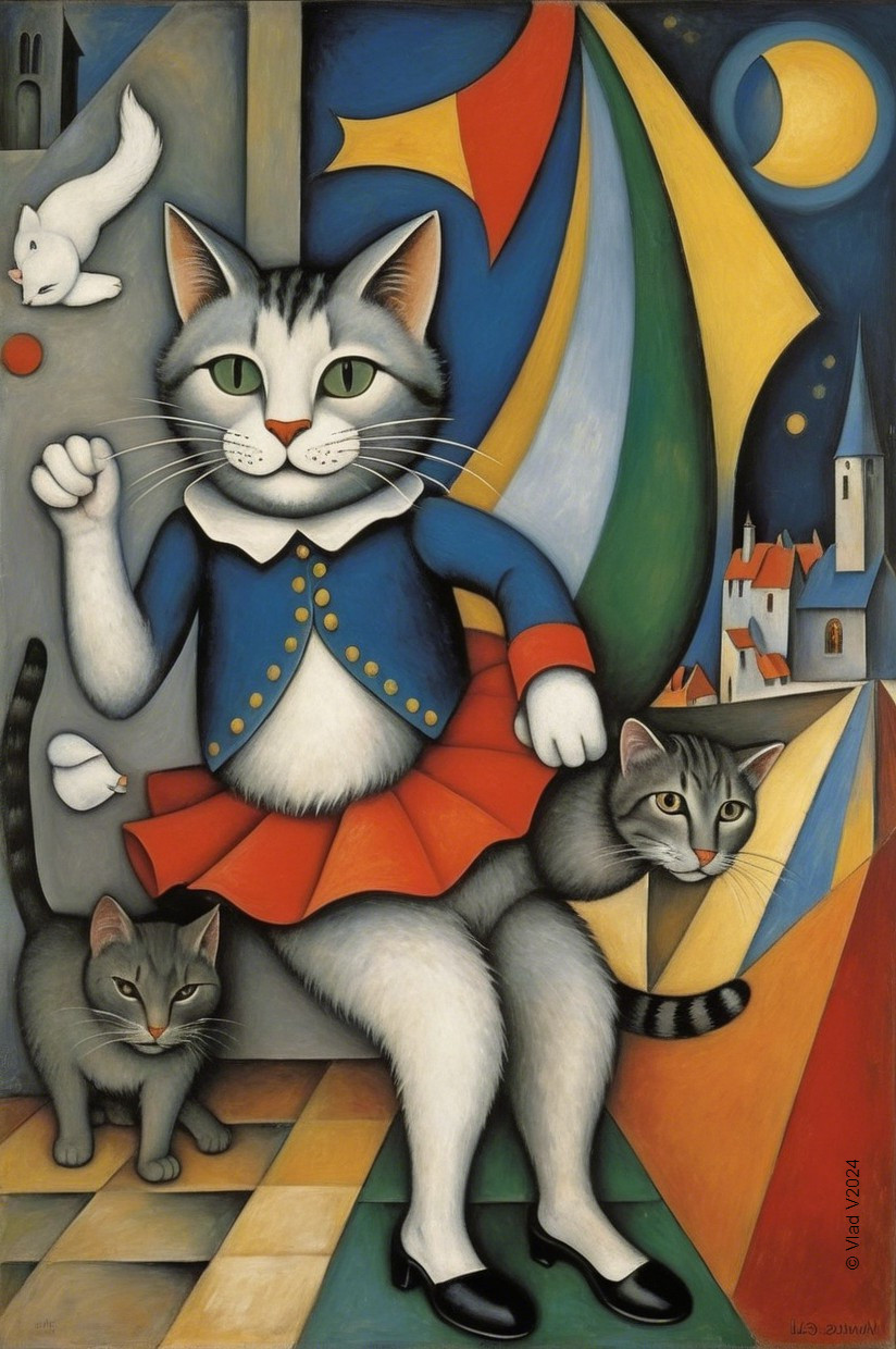 Whimsical Painting of Anthropomorphic Cat in Colorful Scene
