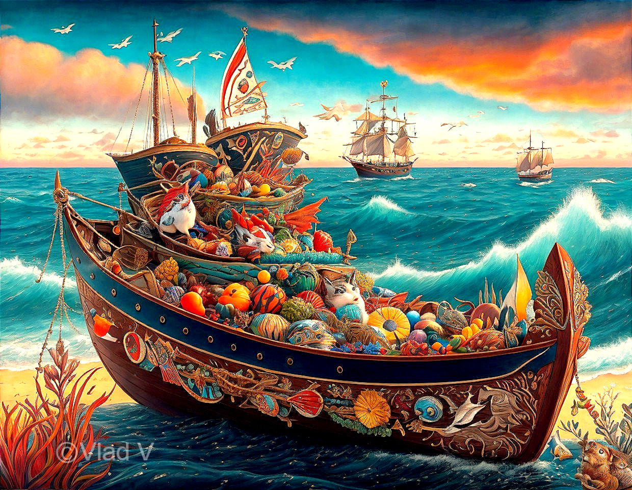 Vibrant Painting of a Whimsical Ship with Abundance