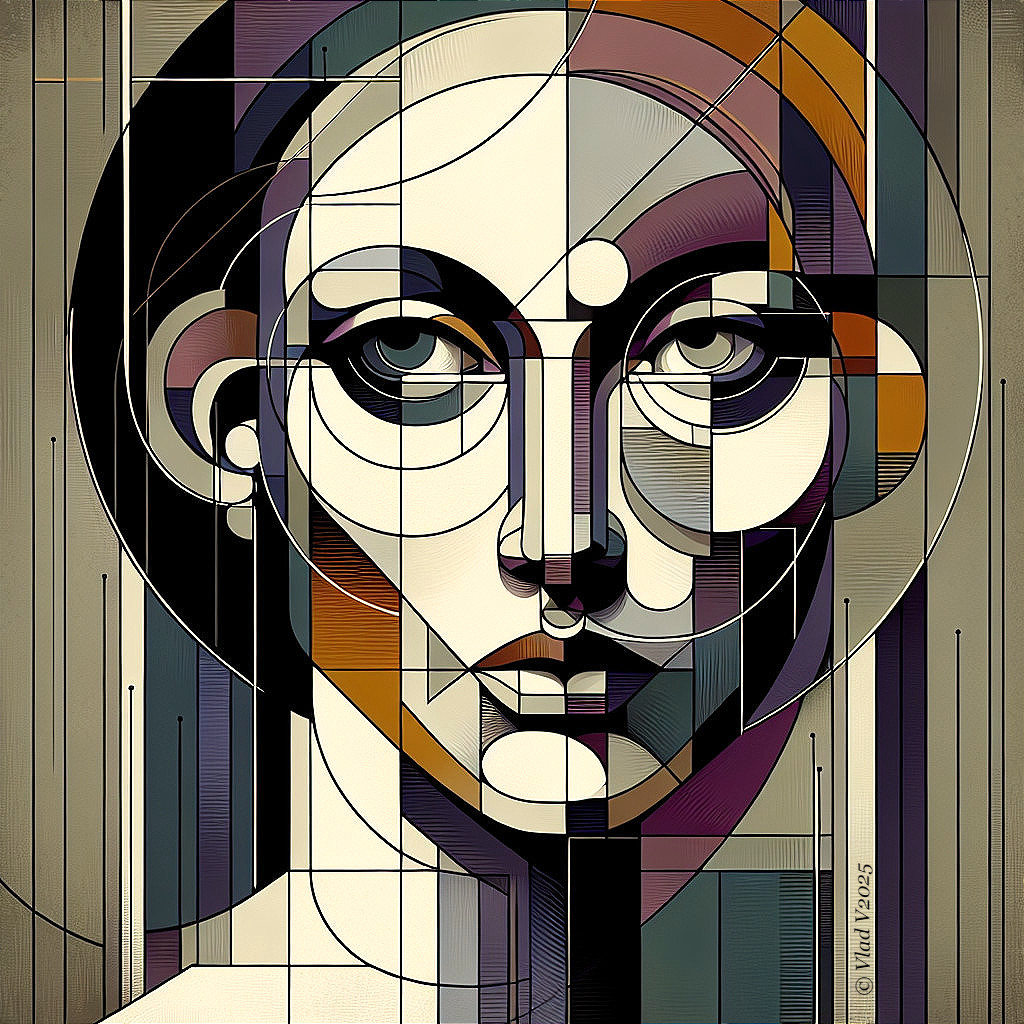 Stylized portrait with geometric patterns and bold colors