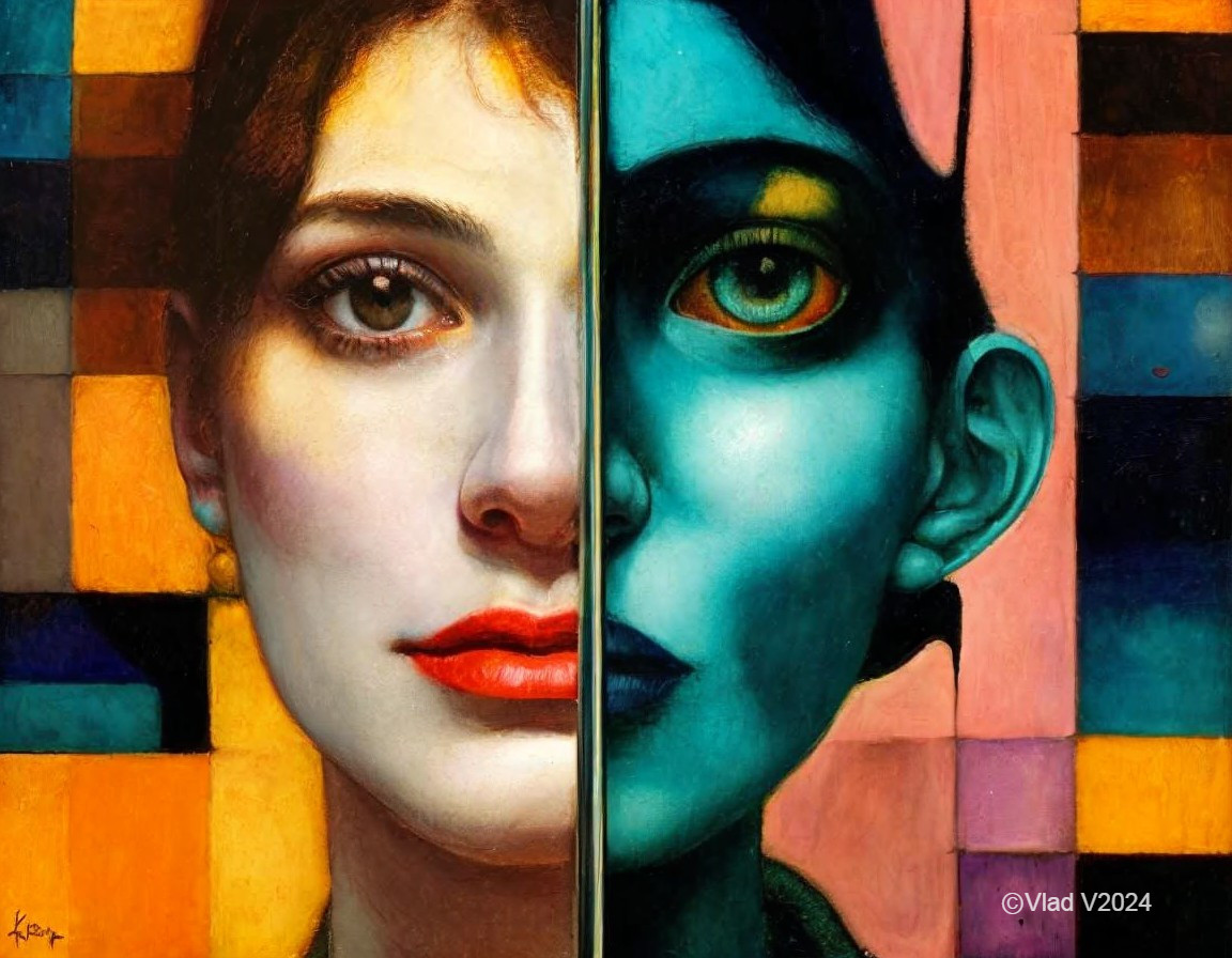 Split-Face Portrait with Contrasting Color Themes