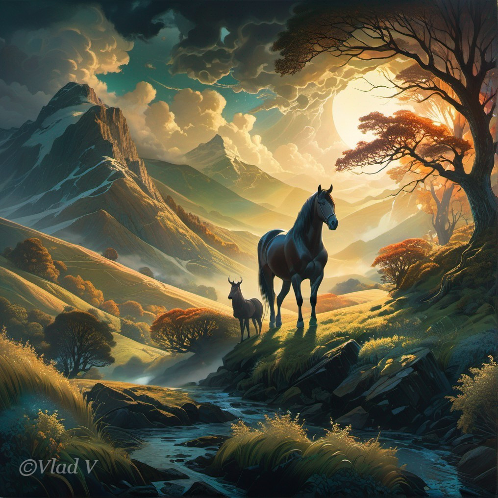 Serene Sunset Landscape with Horse and Cow by Stream